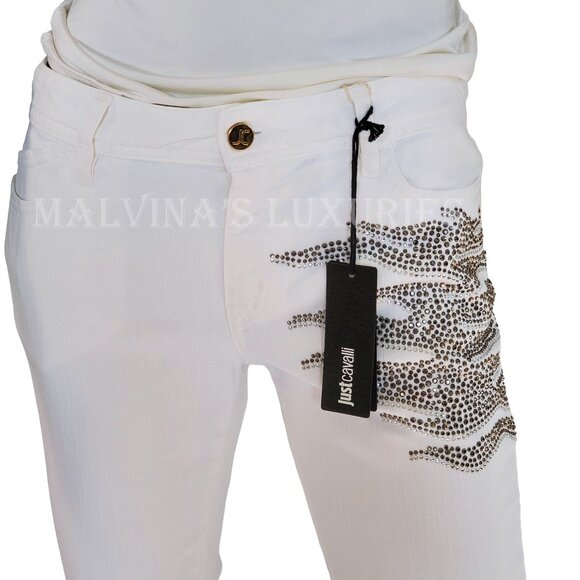 JUST CAVALLI BY ROBERTO CAVALLI JEANS WHITE w CRYSTALS SKINNY PANTS sz 29 US 6 - Picture 6 of 14